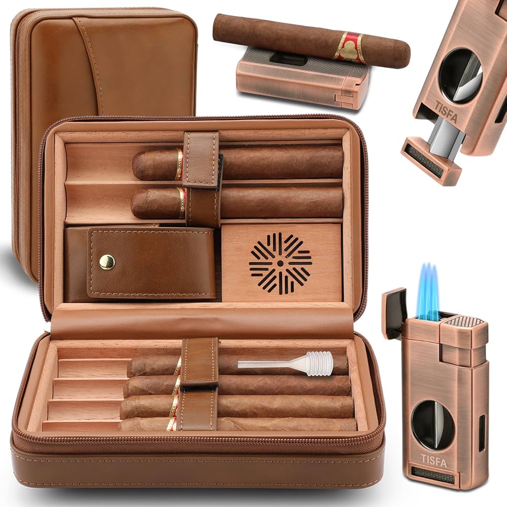 Amazon.com: TISFA Cigar Humidor, Leather Cedar Wood Cigar Case with Cigar  Lighter, V Cut Cigar Cutter, Cigar Holder 3 in 1, Portable Travel Cigar  Humidor Box with Humidifier (Brown) : Health & Household