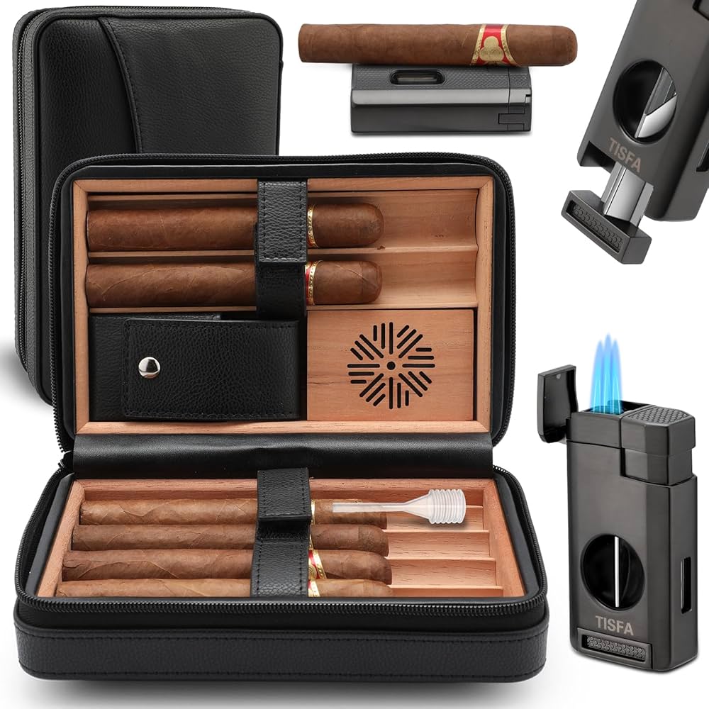 Amazon.com: TISFA Cigar Humidor, Leather Cedar Wood Cigar Case with Cigar  Lighter, V Cut Cigar Cutter, Cigar Holder 3 in 1, Portable Travel Cigar  Humidor Box with Humidifier (Black) : Health & Household