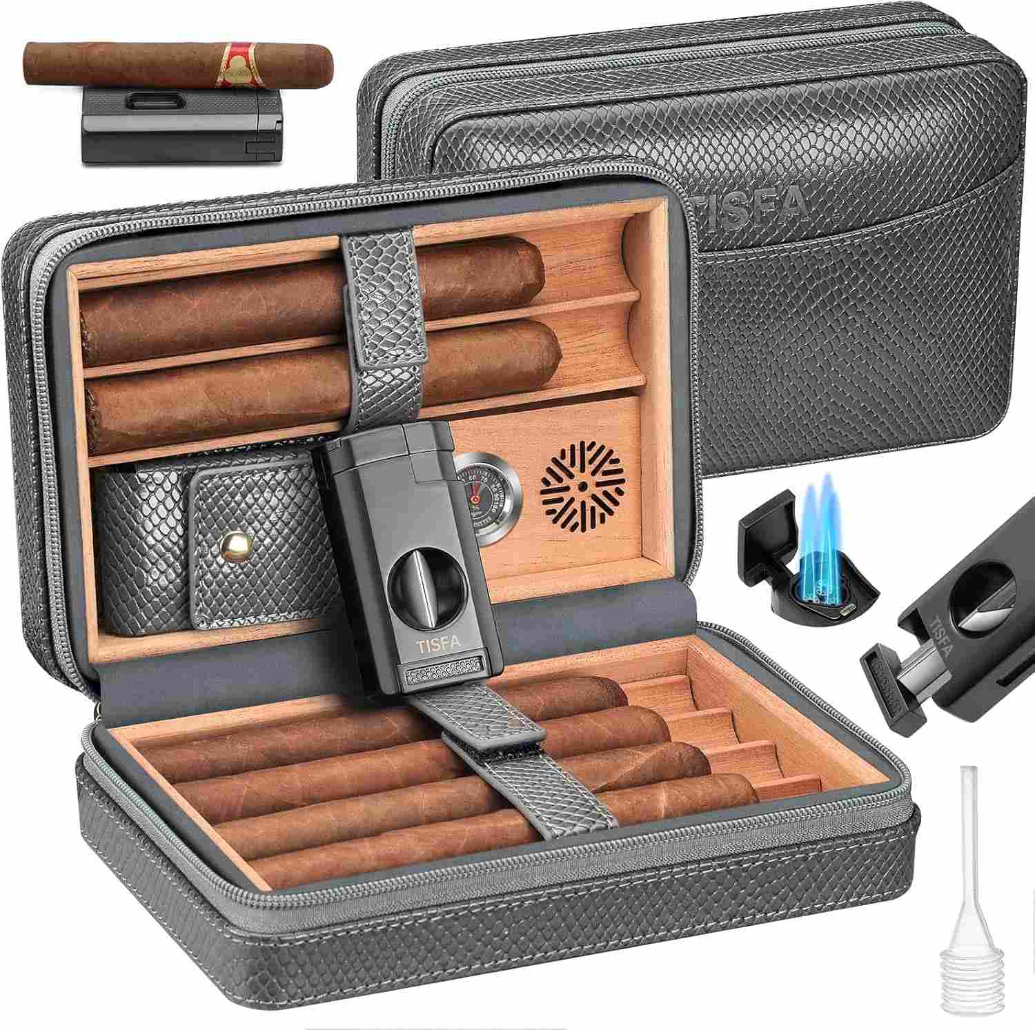 TISFA Cigar Humidor, Leather Cedar Wood Cigar Case with Cigar Lighter, –  XIFEI